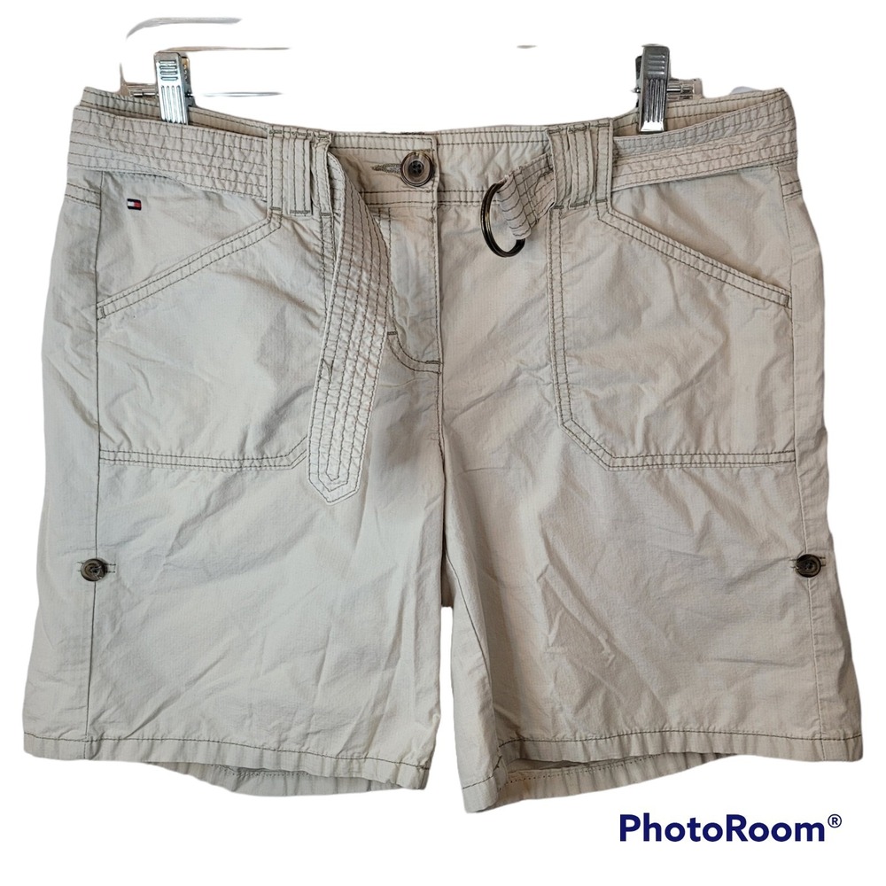 TOMMY HILFIGER Women Size 10 Chino Beige Belted Shorts Side Pockets 100% Cotton
